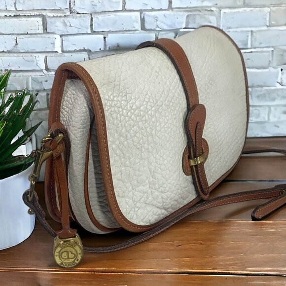 Dooney & Bourke Vintage Small Equestrian Tack Bag White AWL British Tan Trim - Picture 2 of 15